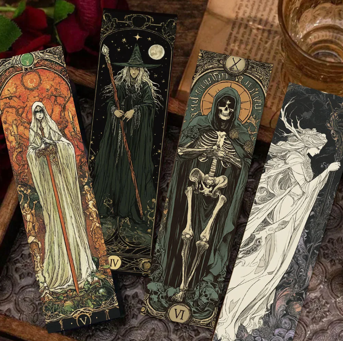 Lot de 5 marque-pages en carton, pour loisirs créatifs, scrapbooking, thème sombre, magicien, nécromancien, mage, sorcier, mort, faucheur, gothique, créatif, aléatoire.
