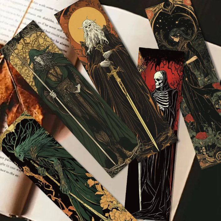 Lot de 5 marque-pages en carton, pour loisirs créatifs, scrapbooking, thème sombre, magicien, nécromancien, mage, sorcier, mort, faucheur, gothique, créatif, aléatoire.
