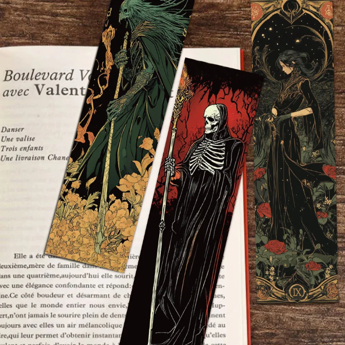 Lot de 5 marque-pages en carton, pour loisirs créatifs, scrapbooking, thème sombre, magicien, nécromancien, mage, sorcier, mort, faucheur, gothique, créatif, aléatoire.