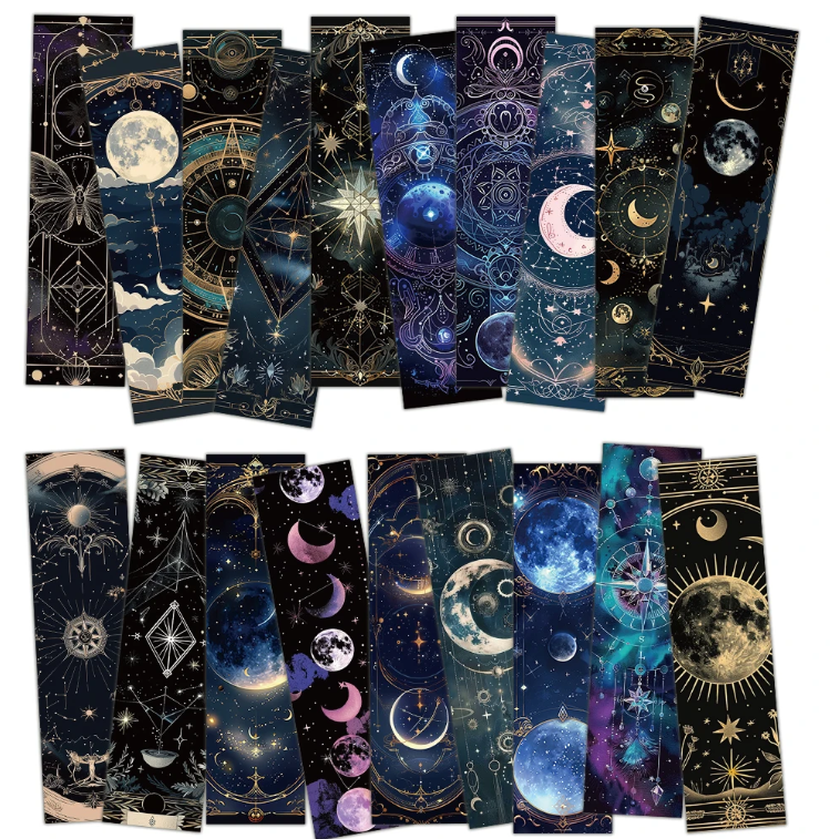 Paquete de 5, Marcapáginas, cartón, manualidades de papel, scrapbooking, Luna, Estrellas, Morado, Dorado, Oscuro, Cielo, Astrología, Tarot, Gótico, Creativo, ALEATORIO