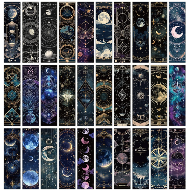 Paquete de 5, Marcapáginas, cartón, manualidades de papel, scrapbooking, Luna, Estrellas, Morado, Dorado, Oscuro, Cielo, Astrología, Tarot, Gótico, Creativo, ALEATORIO