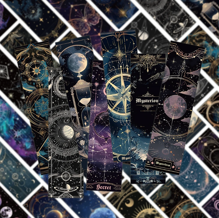 Paquete de 5, Marcapáginas, cartón, manualidades de papel, scrapbooking, Luna, Estrellas, Morado, Dorado, Oscuro, Cielo, Astrología, Tarot, Gótico, Creativo, ALEATORIO