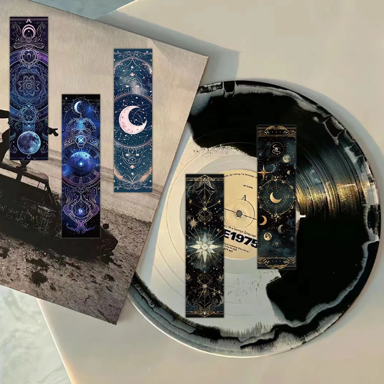 Paquete de 5, Marcapáginas, cartón, manualidades de papel, scrapbooking, Luna, Estrellas, Morado, Dorado, Oscuro, Cielo, Astrología, Tarot, Gótico, Creativo, ALEATORIO