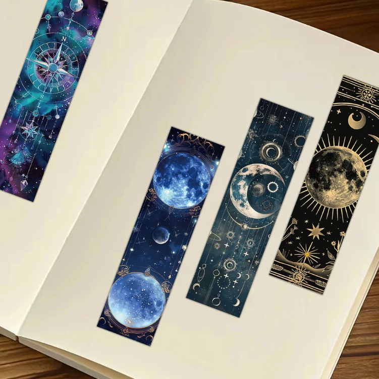 Paquete de 5, Marcapáginas, cartón, manualidades de papel, scrapbooking, Luna, Estrellas, Morado, Dorado, Oscuro, Cielo, Astrología, Tarot, Gótico, Creativo, ALEATORIO