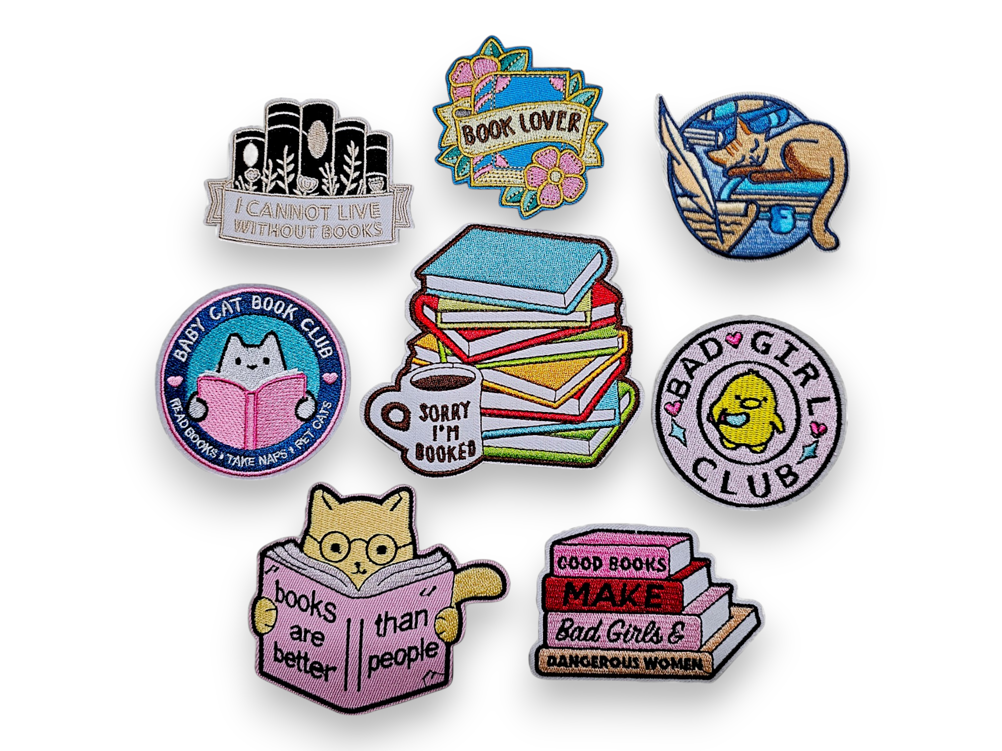 Embroided Patch, Iron on, Glue, Craft supply, Embroidery, Fabric, Book, Reading, Book lover, Cat, Quill, Baby Cat, book club, Bad girl, dangerous women