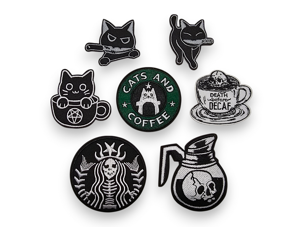 Parche bordado, termoadhesivo, pegamento, material para manualidades, bordado, tela, gato, lindo, animal, té, café, pentagrama, pentáculo, cuchillo
