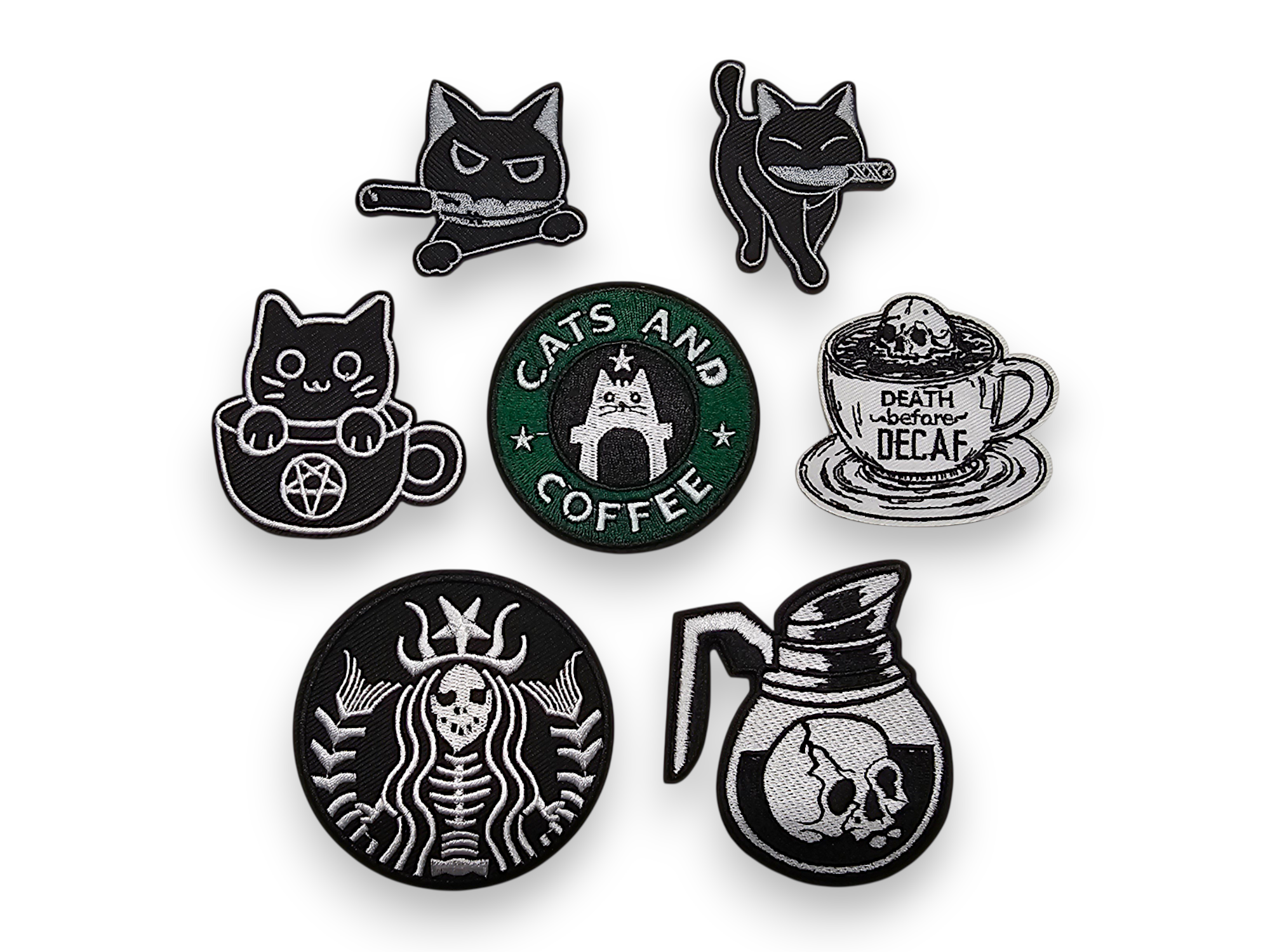 Embroided Patch, Iron on, Glue, Craft supply, Embroidery, Fabric, Cat, cute, animal, tea, Coffee, pentagram, pentacle, knife