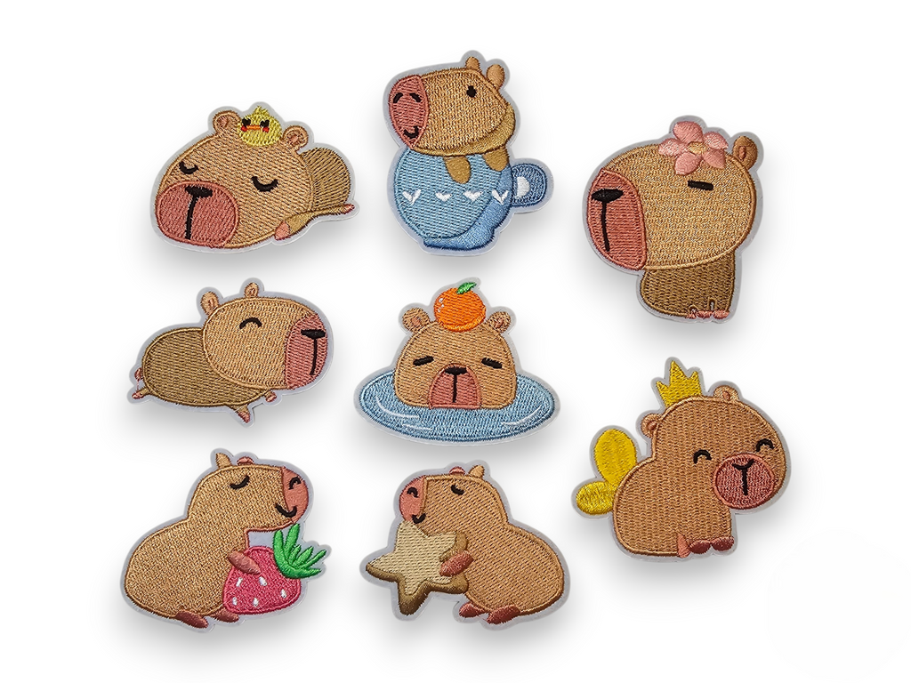 Écusson brodé, thermocollant, colle, matériel de loisirs créatifs, broderie, tissu, fraise, capybara, renard, axolotl, vache, panda roux, nœud, mignon, rose, kawaii