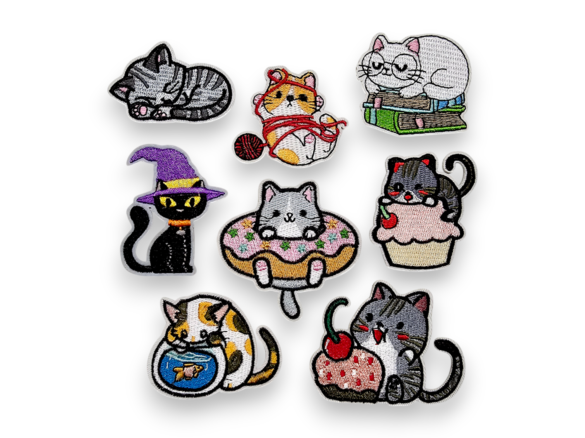 Embroided Patch, Iron on, Glue, Craft supply, Embroidery, Fabric, Cat, cute, animal, sleeping, books, donut, cupcake, fish
