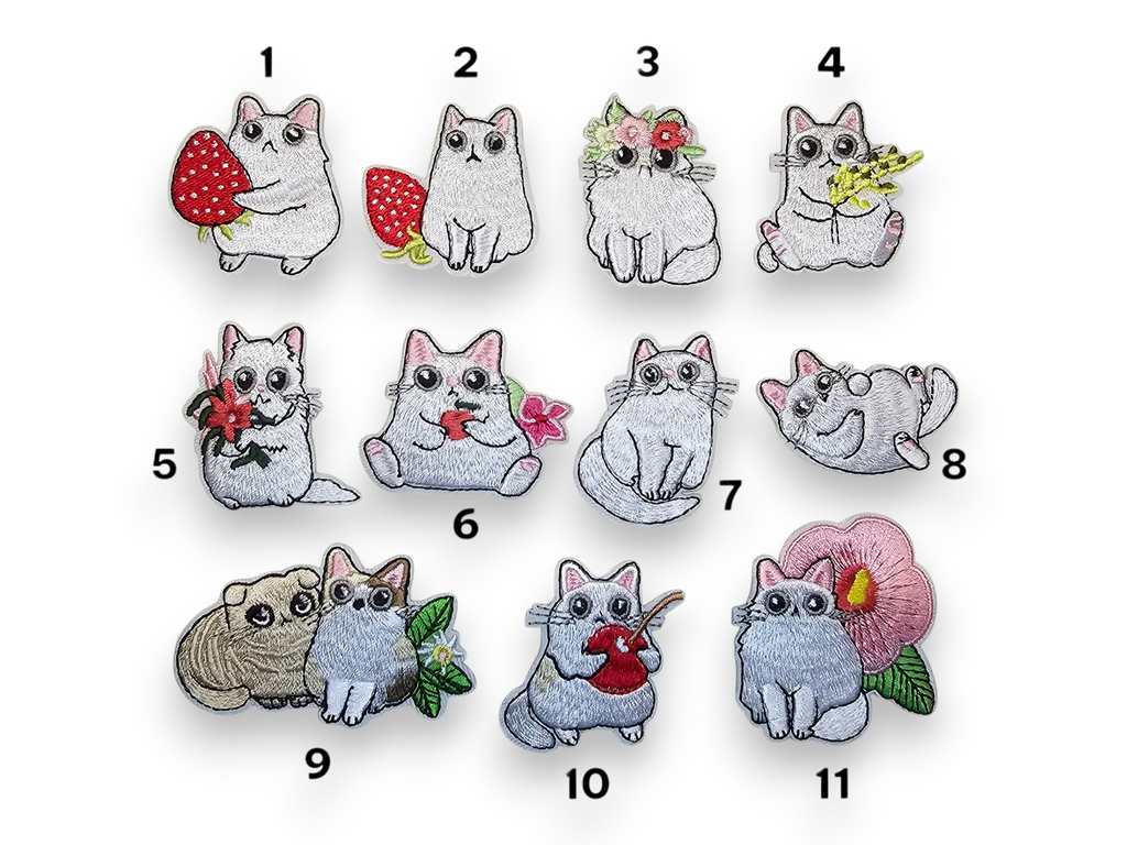 Embroided Patch, Iron on, Glue, Craft supply, Embroidery, Fabric, Cat, cute, animal, white, strawberry, flower, cherry