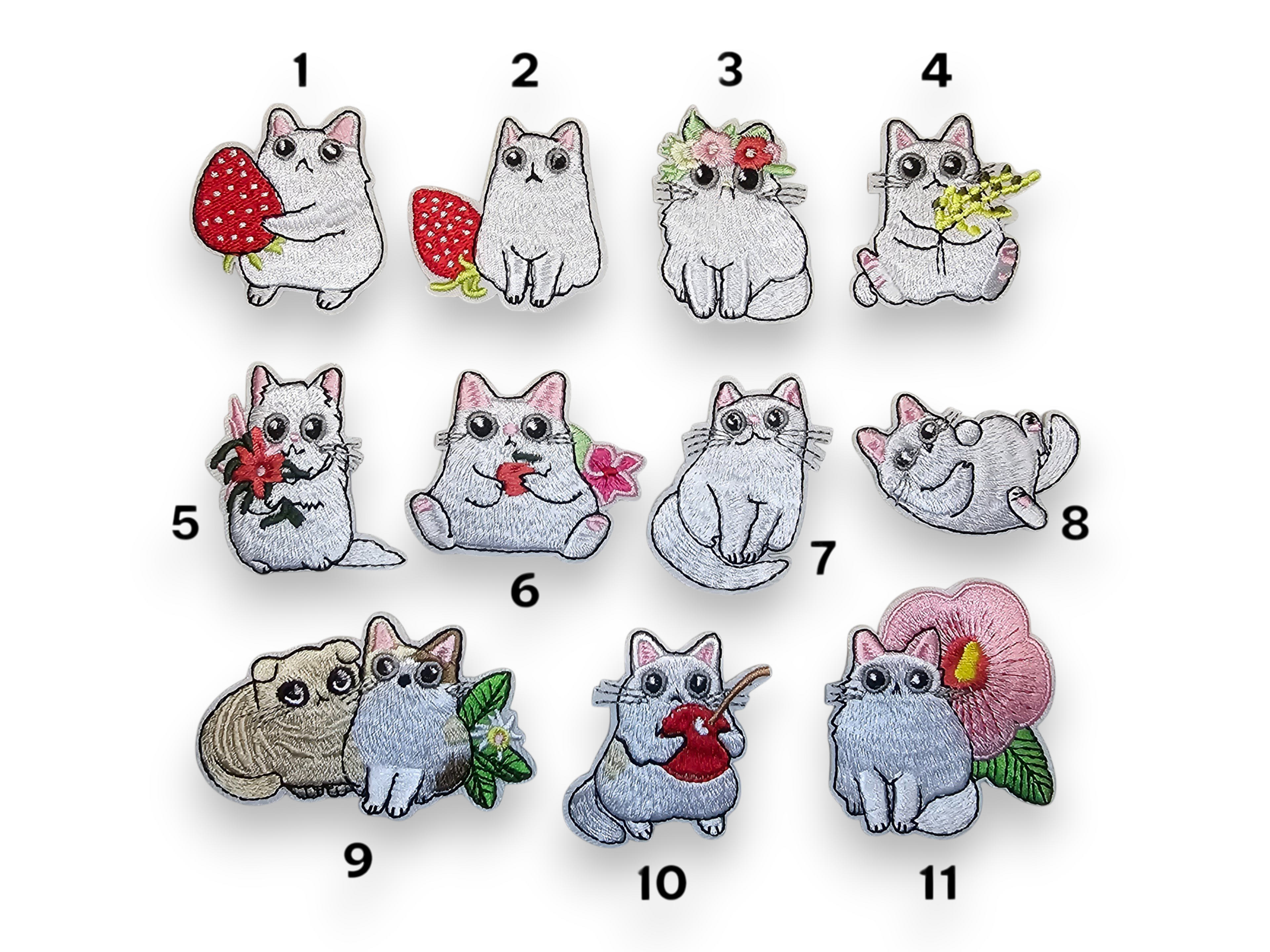 Embroided Patch, Iron on, Glue, Craft supply, Embroidery, Fabric, Cat, cute, animal, white, strawberry, flower, cherry