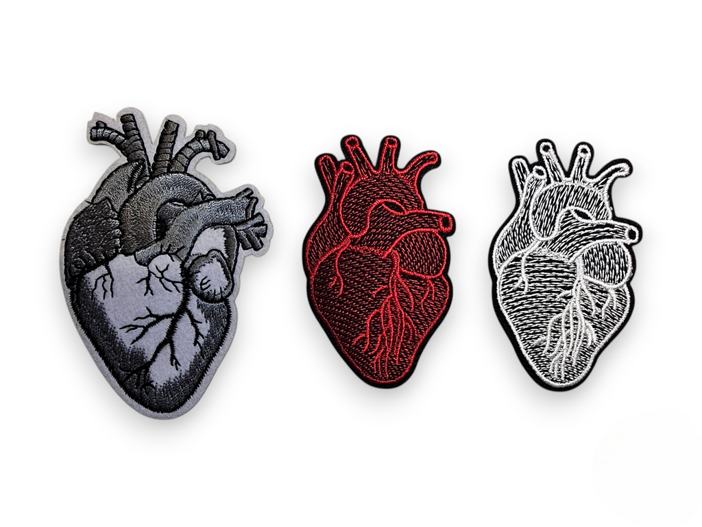 Embroided Patch, Iron on, Glue, Craft supply, Embroidery, Fabric, Heart, anatomic, realistic, red, white, gray