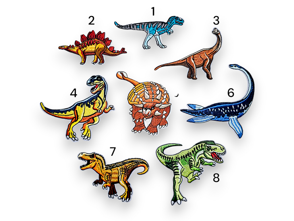 Écusson brodé, thermocollant, colle, matériel de loisirs créatifs, broderie, tissu, dinosaure, T-Rex, stégosaure, vélociraptor, brachiosaure