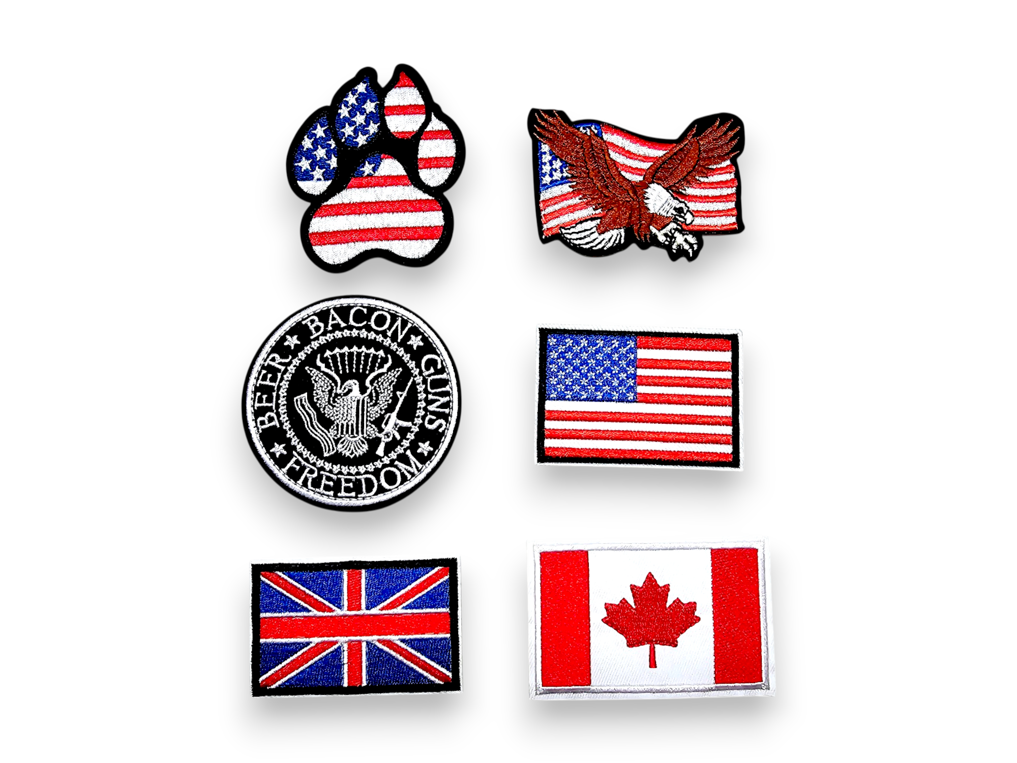 Embroided Patch, Iron on, Glue, Craft supply, Embroidery, Fabric, Flag, USA, Bald eagle, america, Canada, Great britain, United kingdom, beer, bacon, guns, freedom