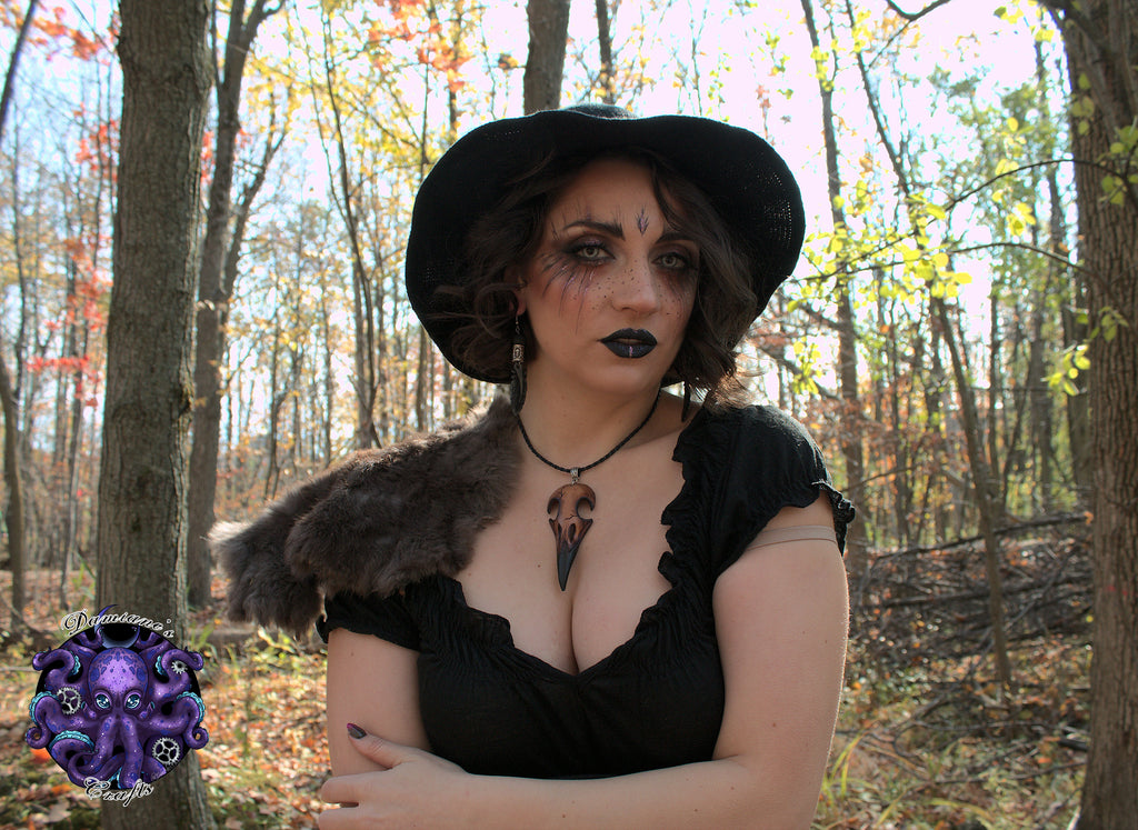 Real leather, necklace, pendant, Crow, Raven, Skull, Viking, Steampunk, Gothic