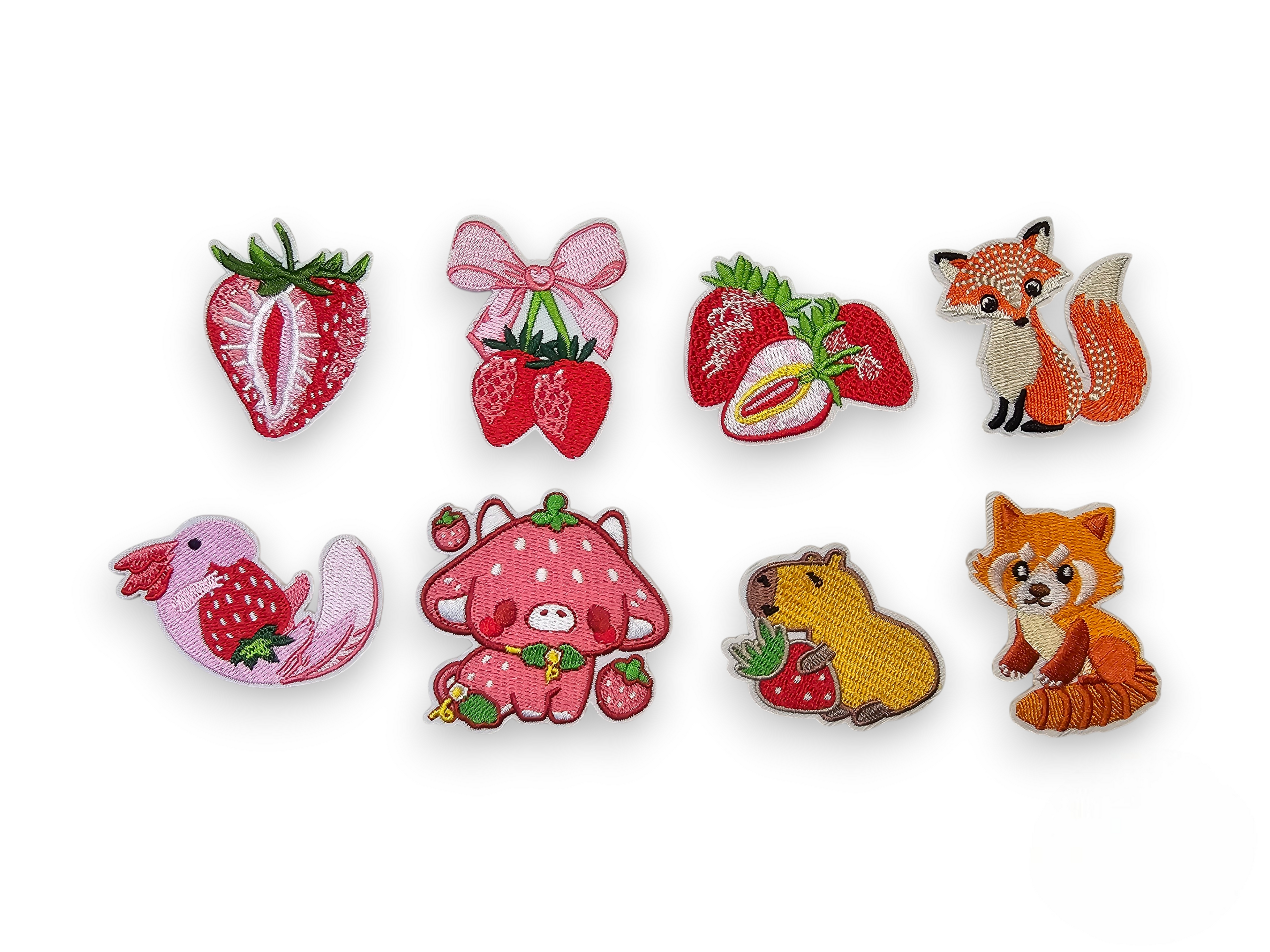 Embroided Patch, Iron on, Glue, Craft supply, Embroidery, Fabric, Strawberry, Capibara, Fox, Axolotl, cow, red panda, bow, cute, pink, kawai
