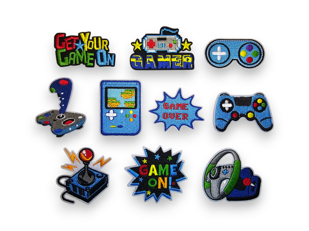 Embroided Patch, Iron on, Glue, Craft supply, Embroidery, Fabric, Gamer, gaming, game over, level up, joystick, controller, blue