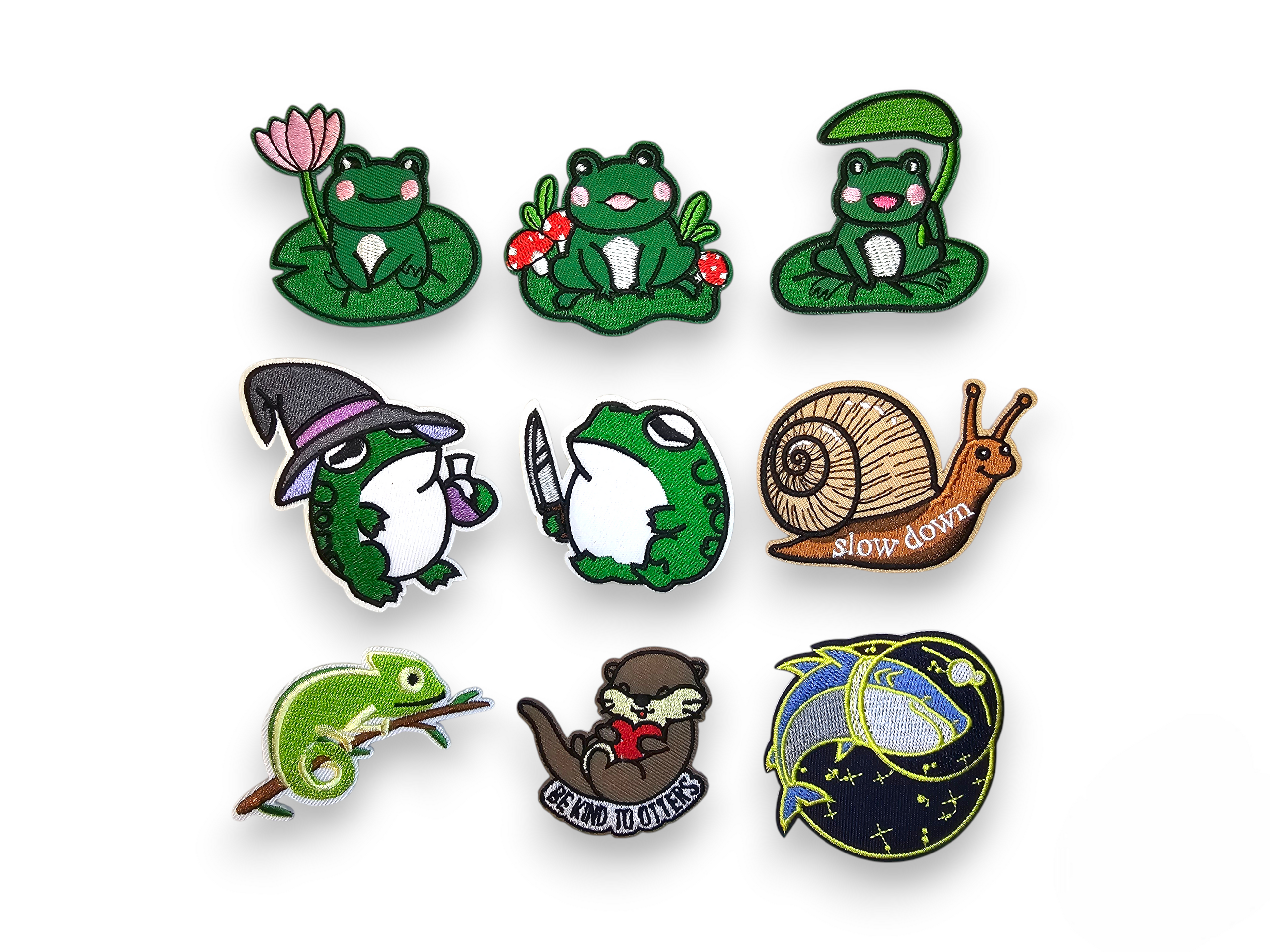 Embroided Patch, Iron on, Glue, Craft supply, Embroidery, Fabric, Frog, lilypad, mushroom, leaf, wizard, knife, snail, chameleon, otter, shark, space