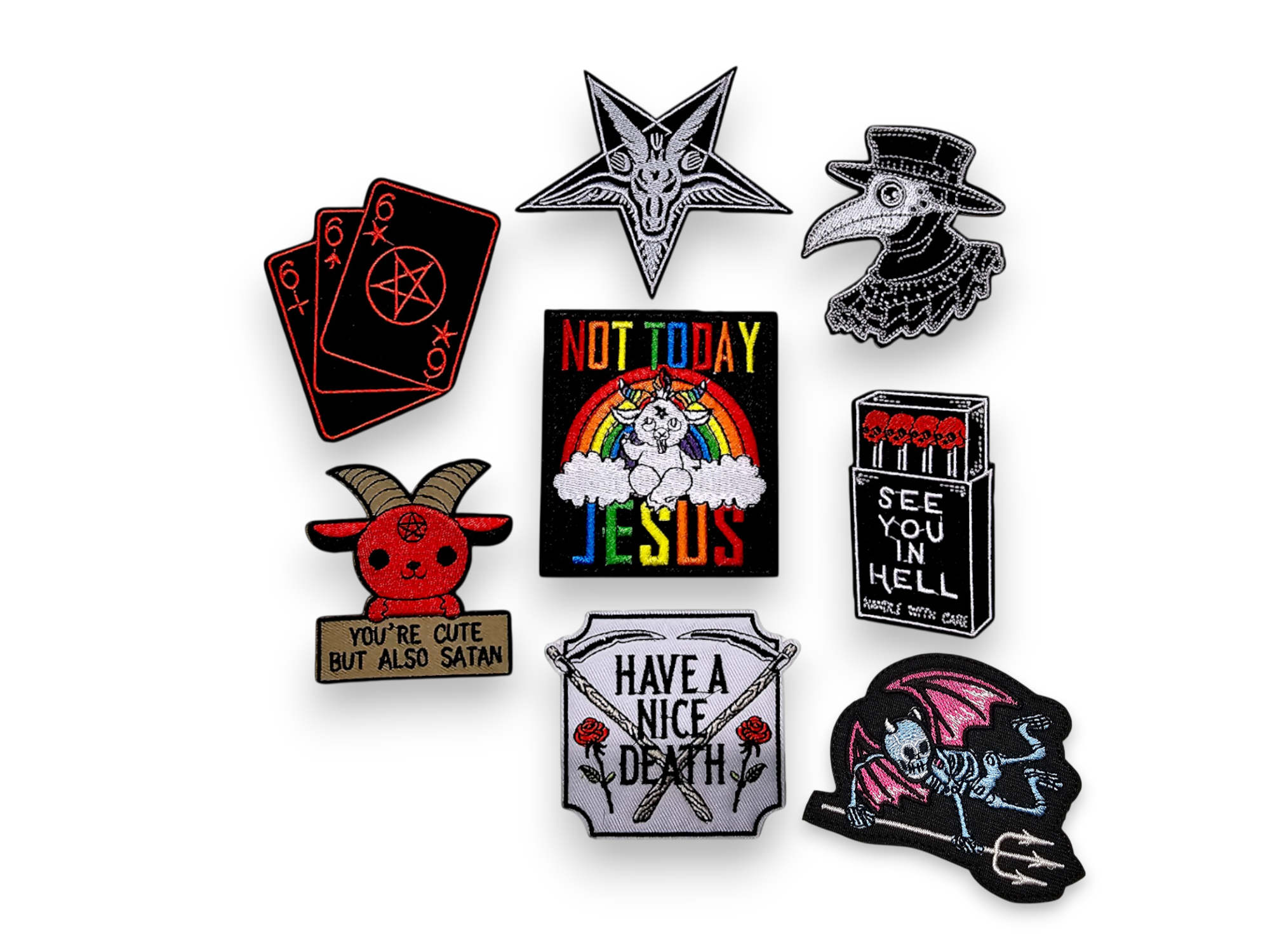 Embroided Patch, Iron on, Glue, Craft supply, Embroidery, Fabric, Gothic, Halloween, spooky, skeleton, cards, hell, 666, pentacle, baphomet, plague doctor, death, devil, satan