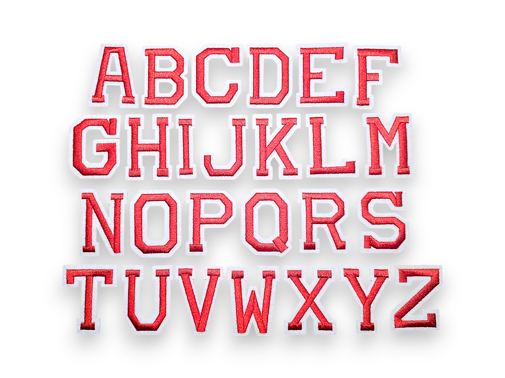 Écusson brodé, thermocollant, colle, matériel de loisirs créatifs, broderie, tissu, lettres, alphabet, rouge, blanc