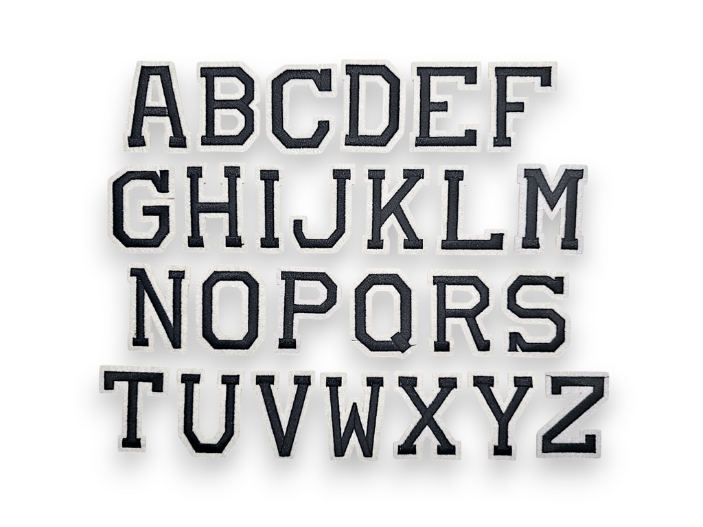 Écusson brodé, thermocollant, colle, matériel de loisirs créatifs, broderie, tissu, lettres, alphabet, noir, blanc