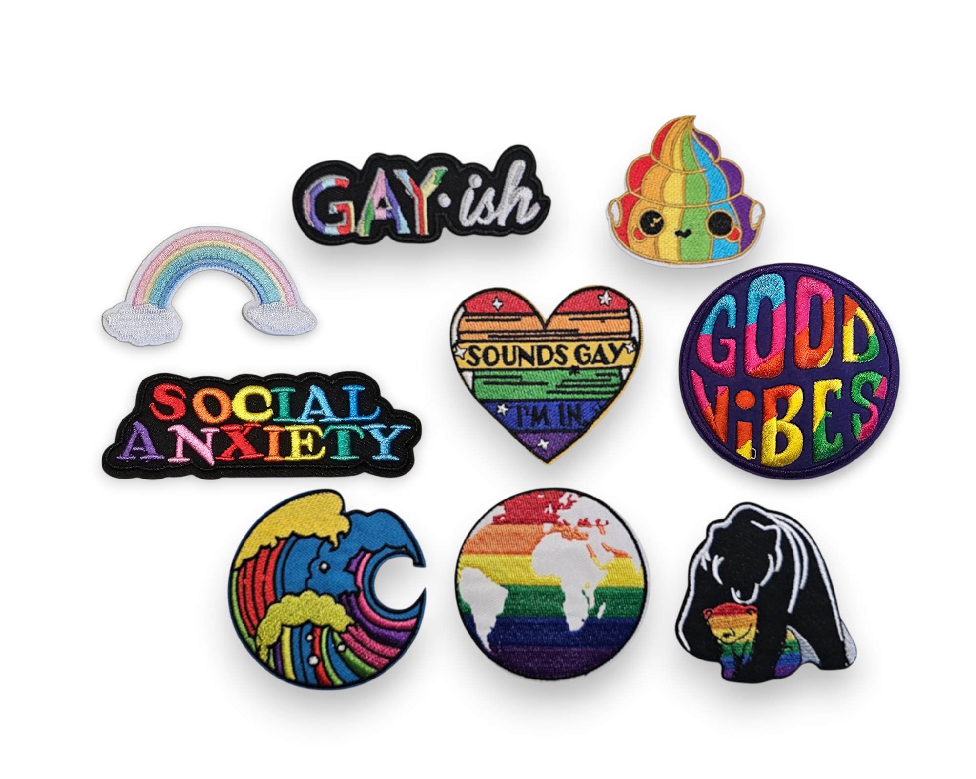Embroided Patch, Iron on, Glue, Craft supply, Embroidery, Fabric, Gay, LGBT, Poo, Rainbow, Social anxiety, wave, World, Mama bear, good vibes, poo