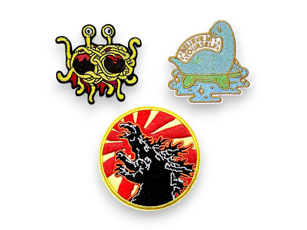 Écusson brodé, thermocollant, colle, matériel de loisirs créatifs, broderie, monstre spaghetti volant, Nessie, Loch Ness, Godzilla, monstre, cryptide, légendes
