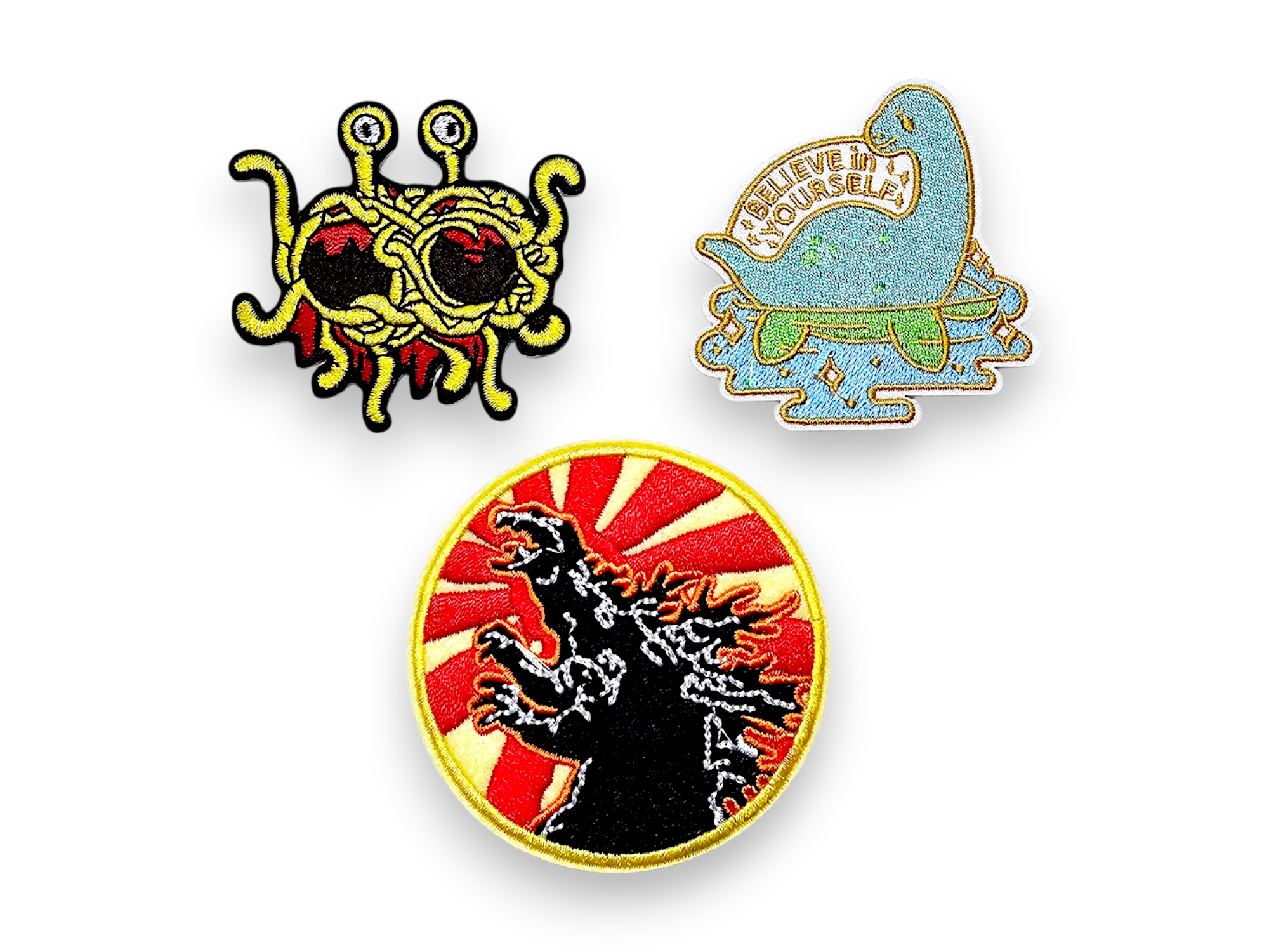 Embroided Patch, Iron on, Glue, Craft supply, Embroidery, Flying spaghetti monster, Nessy, Loch Ness, Godzilla, monster, cryptid, legends