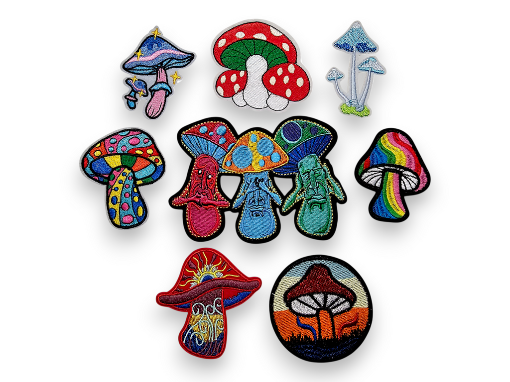 Parche bordado, termoadhesivo, pegamento, material para manualidades, bordado, tela, hongo, multicolor, lunares, cottagecore, fairycore, sol