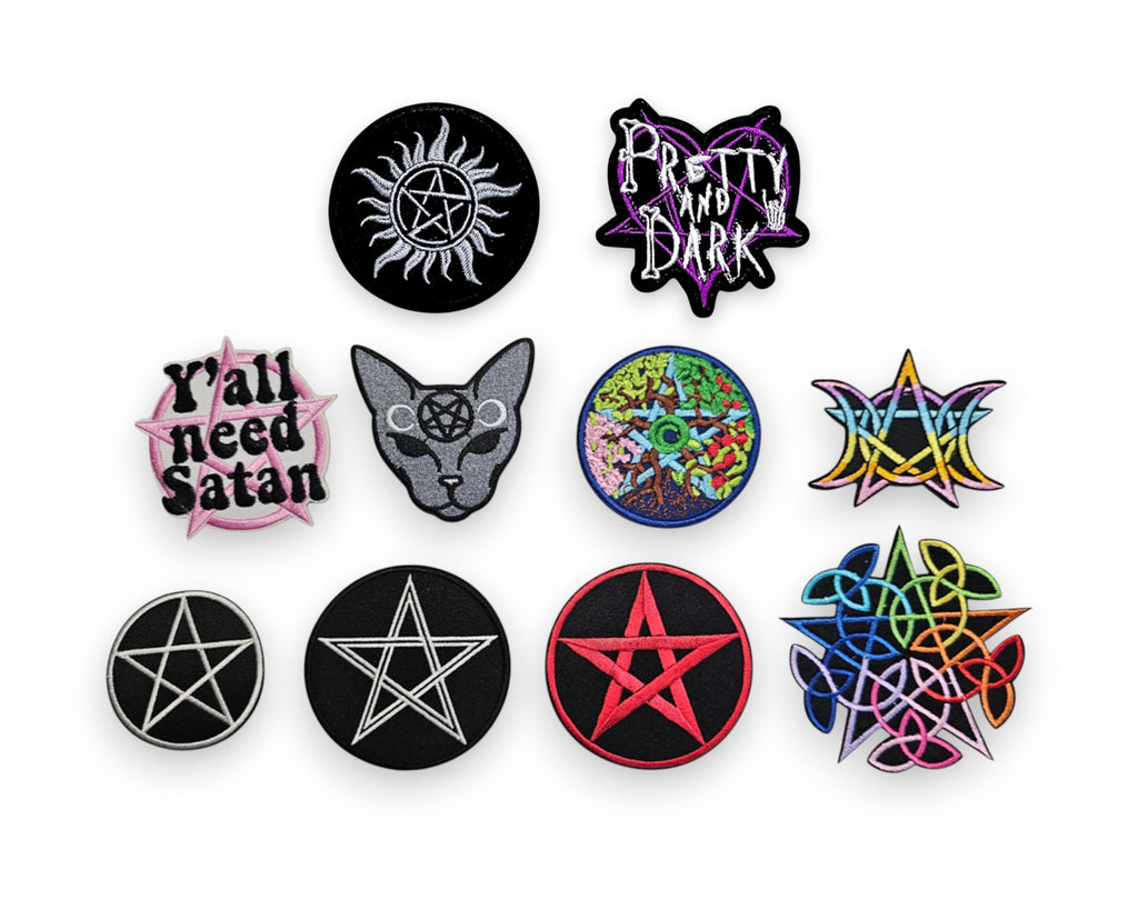 Parche bordado, termoadhesivo, adhesivo, material para manualidades, bordado, tela, pentagrama, pentáculo, satanás, gato, elementos, estaciones, luna, diosa, wicca, celta, multicolor