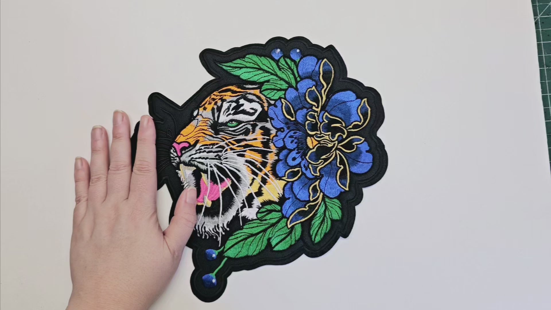 Large, Back, Embroided Patch, Iron on, Glue, Craft supply, Embroidery, Fabric, Cat, animal, Tiger, peony, flower, floral, colorful