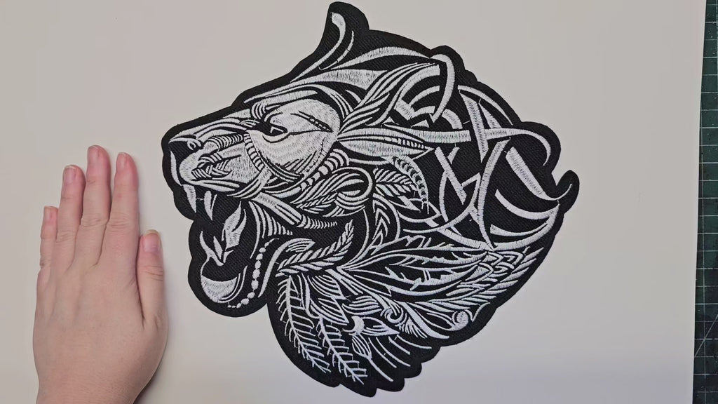 Large, Back, Embroided Patch, Iron on, Glue, Craft supply, Embroidery, Fabric, Cat, animal, Lion, celtic, native, africa, black, white