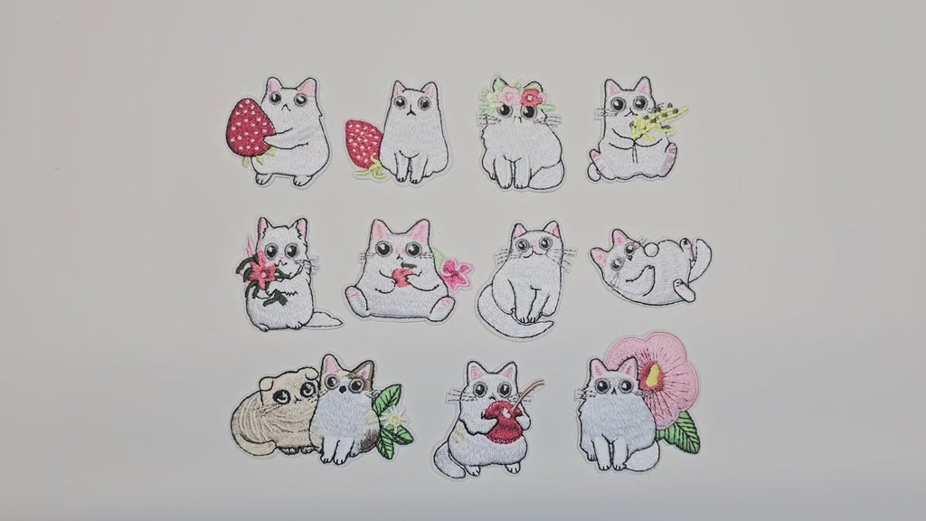 Embroided Patch, Iron on, Glue, Craft supply, Embroidery, Fabric, Cat, cute, animal, white, strawberry, flower, cherry