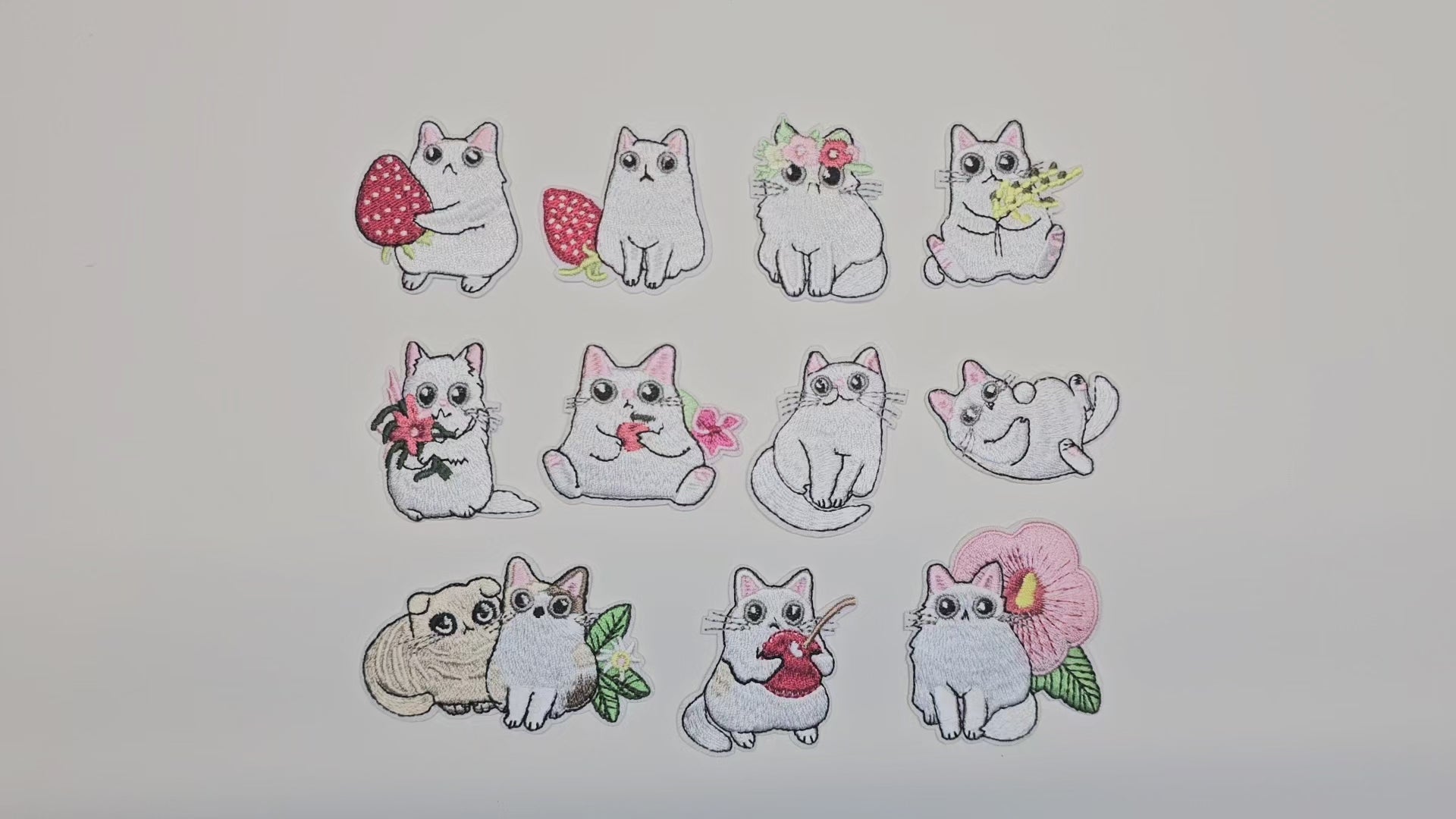 Embroided Patch, Iron on, Glue, Craft supply, Embroidery, Fabric, Cat, cute, animal, white, strawberry, flower, cherry