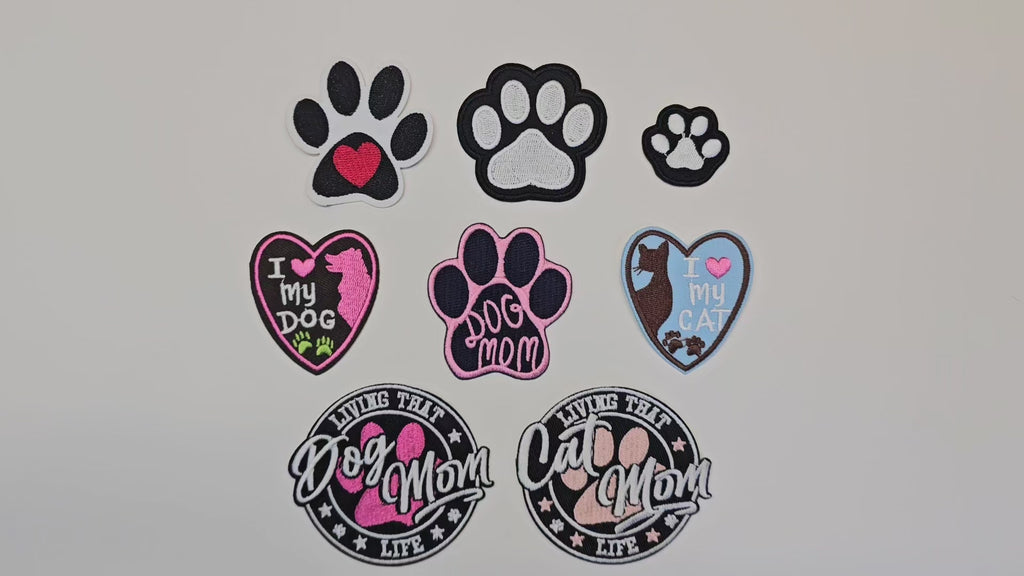 Parche bordado, termoadhesivo, pegamento, material para manualidades, bordado, tela, perro, gato, huella de pata, corazón, mamá perro, mamá gato, amor