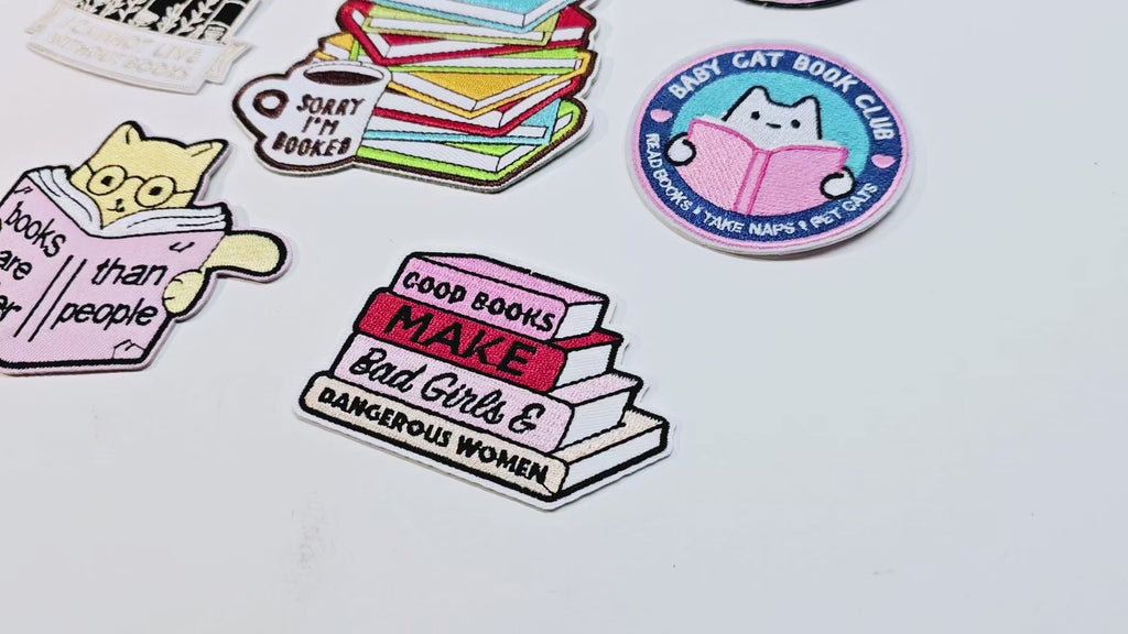 Embroided Patch, Iron on, Glue, Craft supply, Embroidery, Fabric, Book, Reading, Book lover, Cat, Quill, Baby Cat, book club, Bad girl, dangerous women