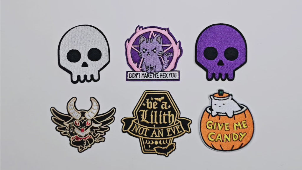 Écusson brodé, thermocollant, colle, matériel de loisirs créatifs, broderie, tissu, gothique, Halloween, effrayant, crâne, Lilith, diable, démon