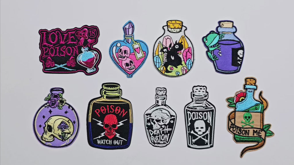 Embroided Patch, Iron on, Glue, Craft supply, Embroidery, Fabric, Potion, Poison, Death, Skull, Frog