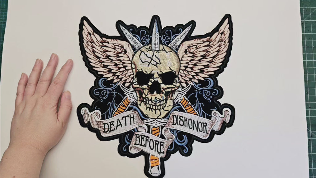Grand écusson brodé au dos, thermocollant, à coller, pour loisirs créatifs, broderie, tissu, crâne, poignard, ailes, la mort plutôt que le déshonneur