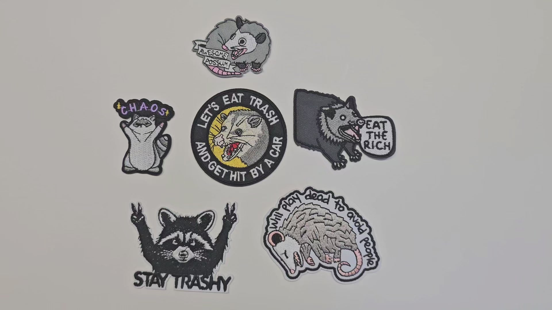 Embroided Patch, Iron on, Glue, Craft supply, Embroidery, Fabric, Raccoon, Possum, Opossum, Garbage, Chaos, Play dead, Eat the rich, Punk, Weird, crazy, trash can, trashy
