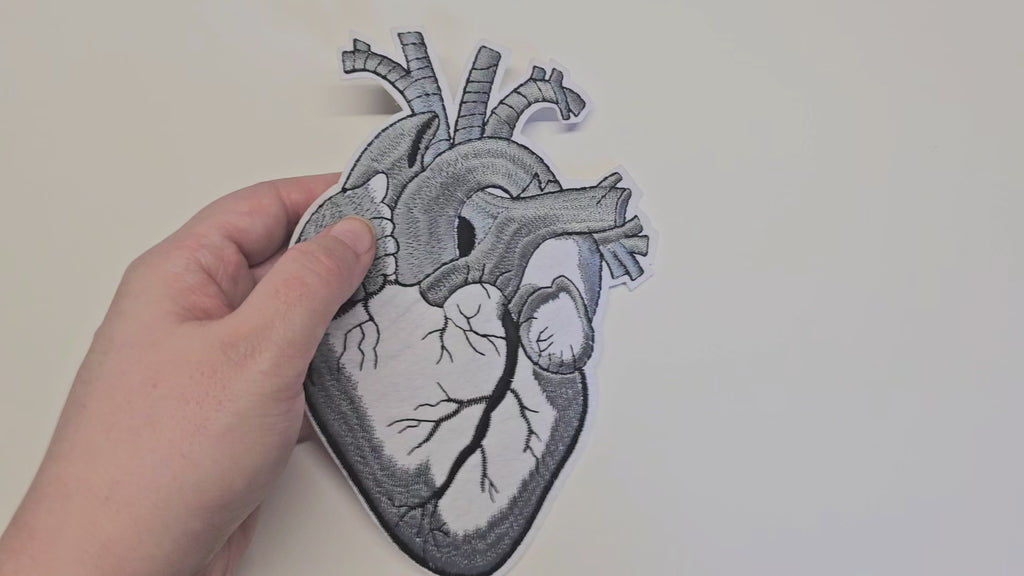 Embroided Patch, Iron on, Glue, Craft supply, Embroidery, Fabric, Heart, anatomic, realistic, red, white, gray