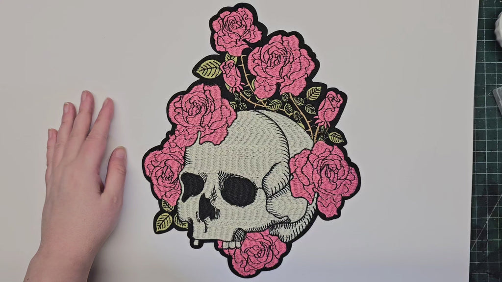 Large, Back, Embroided Patch, Iron on, Glue, Craft supply, Embroidery, Fabric, Skull, Rose, flower, floral, colorful