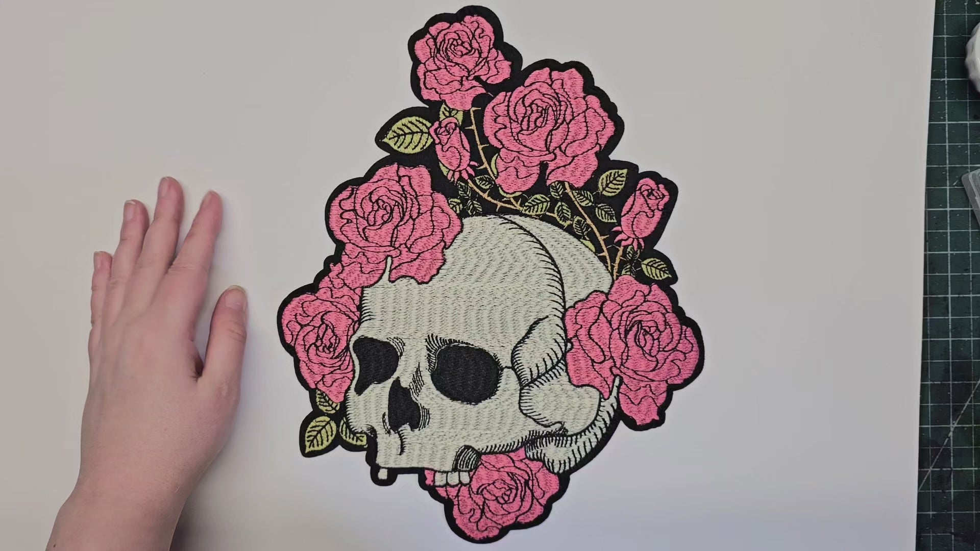 Large, Back, Embroided Patch, Iron on, Glue, Craft supply, Embroidery, Fabric, Skull, Rose, flower, floral, colorful