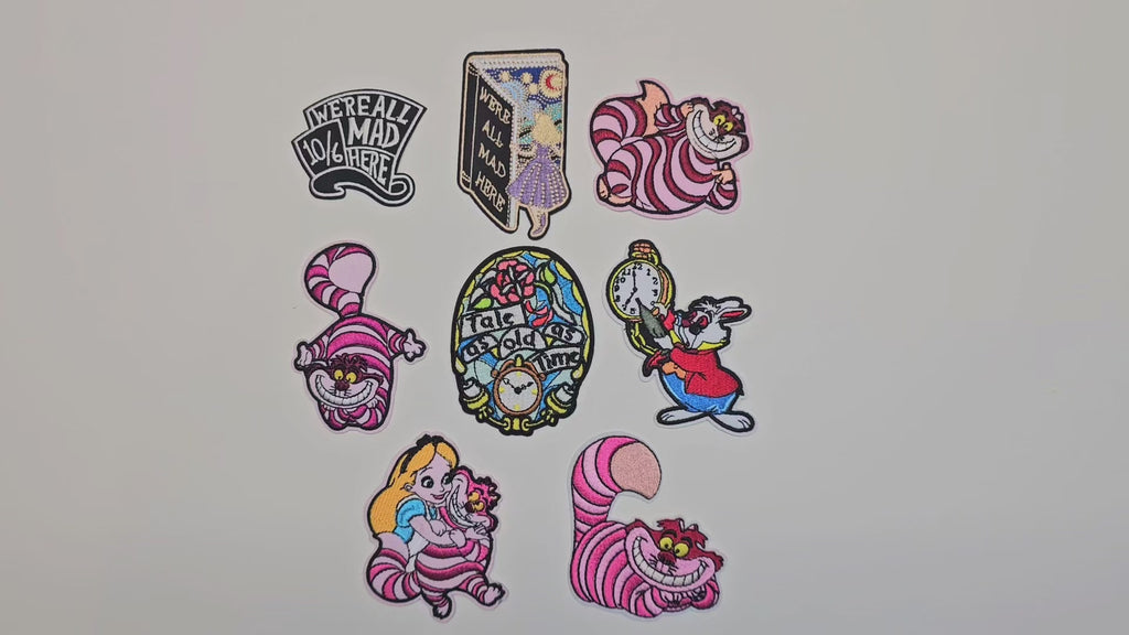 Écusson brodé, thermocollant, colle, matériel de loisirs créatifs, broderie, tissu, film, dessin animé, animation, fou, chat, lapin, horloge, chapeau, livre