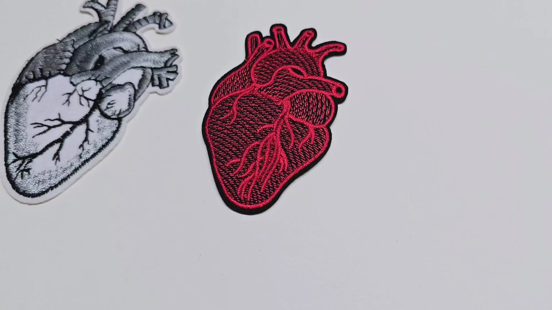 Embroided Patch, Iron on, Glue, Craft supply, Embroidery, Fabric, Heart, anatomic, realistic, red, white, gray