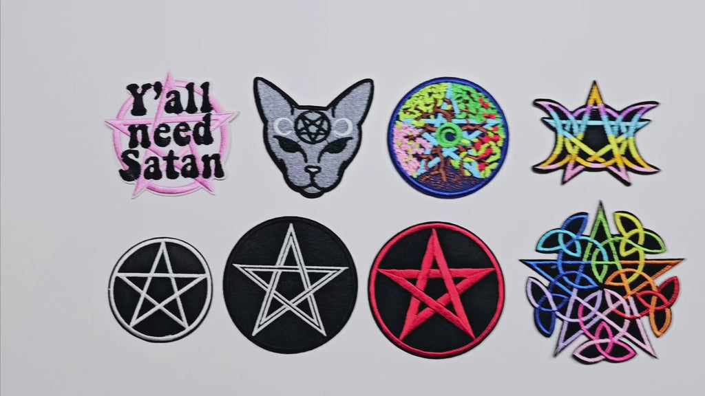 Parche bordado, termoadhesivo, adhesivo, material para manualidades, bordado, tela, pentagrama, pentáculo, satanás, gato, elementos, estaciones, luna, diosa, wicca, celta, multicolor