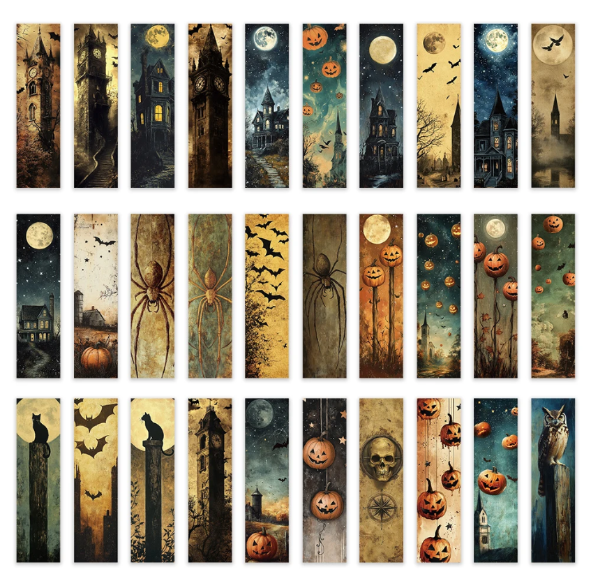 Lot de 5 marque-pages en carton, pour loisirs créatifs et scrapbooking. Thèmes : sombre, Halloween, rétro, chauve-souris, citrouille, chat, araignée, manoir, gothique, aléatoire.
