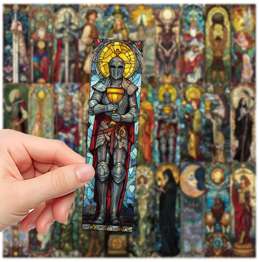 Paquete de 5, marcapáginas, cartón, manualidades de papel, scrapbooking, vidriera, caballero, medieval, tarot, cartas, colorido, gótico, ALEATORIO