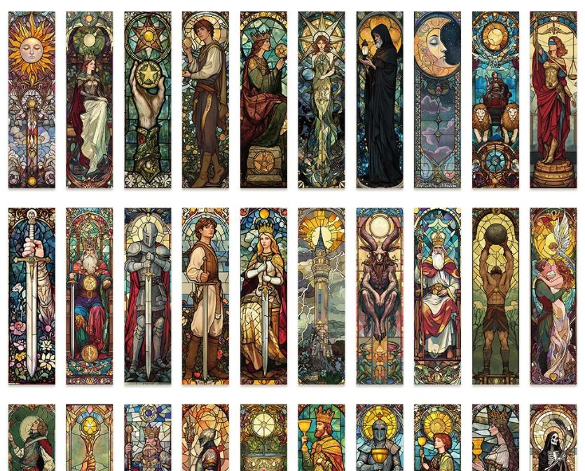 Paquete de 5, marcapáginas, cartón, manualidades de papel, scrapbooking, vidriera, caballero, medieval, tarot, cartas, colorido, gótico, ALEATORIO