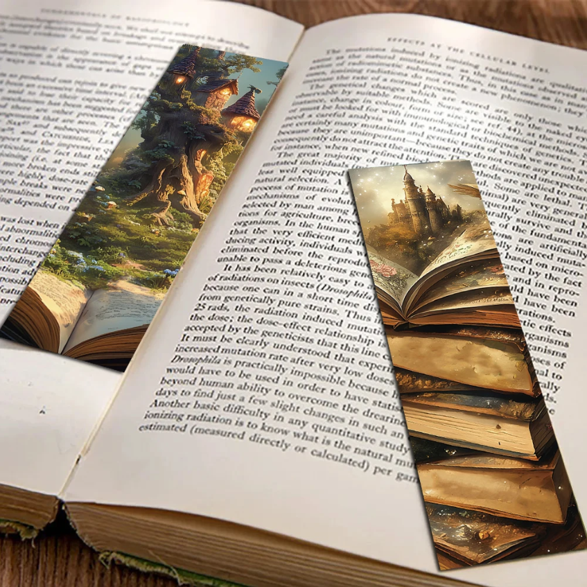 Lot de 5 marque-pages en carton, pour loisirs créatifs, scrapbooking, livres, univers fantastique, bibliothèque, château, couleurs vives, magie, imagination, aléatoires